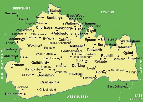 Map of Surrey showing the areas Nightingales Homecare cover
